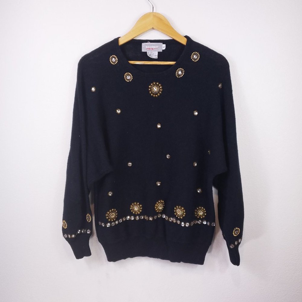 Vintage BG Street 80's Black Cotton Knit Beaded Sweater
